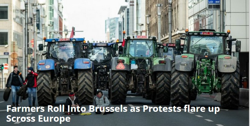 EUの拠点ブリュッセル（ベルギーの首都）を占拠する、欧州各国から集まった農民のブルドーザー